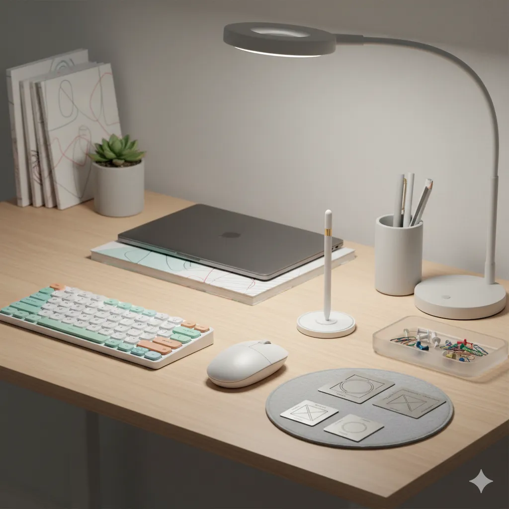 Desk Line Edit Kit arranged on a compact work desk